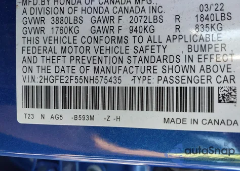 2022 Honda Civic Sport из США, поврежденный, VIN 2HGFE2F55NH575435